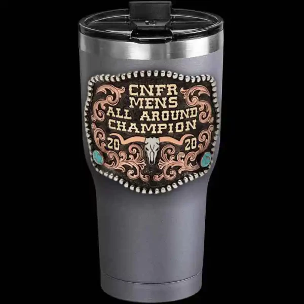 Create a unique Pygora Custom Tumbler by customizing it with your preferred figure, ranch brand, or logo. This Rtic 30 oz. thermo cup features a matted german silver decoration with copper scrollwork and large turquoise stones.